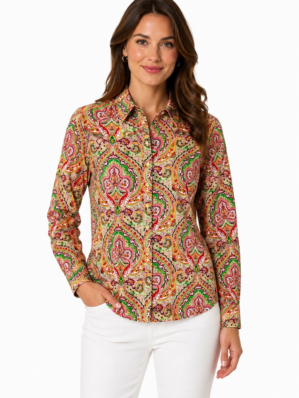 Talbots Stretch Red Green Paisley Long Sleeve Button Down Shirt Ladies 10P